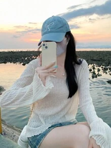 YUXIN 新款宽松条纹长袖轻便休闲T恤上衣，薄款春夏防晒罩衫 - 杏色 - 查看 6