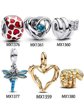 1pc Fashion Assorted: Red Heart Beaded Charms, Blue CZ Heart Beads, Silver CZ Spiral Arrow Charms, Blue Dragonfly Pendant, Golden Heart Pendant, 2025 Chinese Year Of Snake CZ Golden Charm Decoration, Valentine's Day Gifts