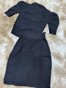 Conjunto manga curta com botão tricot - Preto - Visão 2
