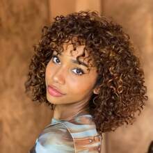 Human Wigs Curly Wig With Bangs Brazilian Virgin Human Hair No Lace Front Wigs Brown Highlight 4/27 Human Wig ,Natural Color - S4/27 - View 2