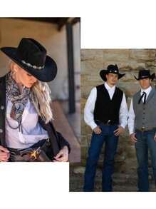 Western Cowboy Cowgirl Hat Wide Brim Classic Fedora Hat With Buckle Belt For Women Men - 黑色 - 查看 2