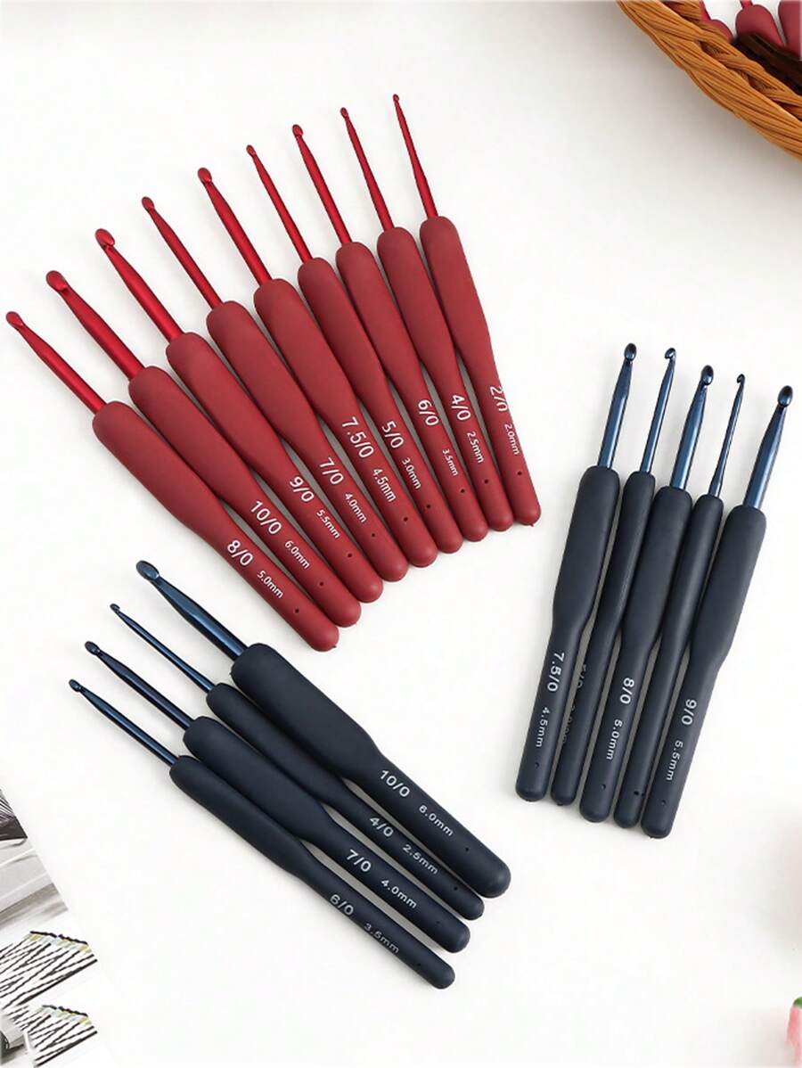 9件套红色/黑色钩针硅胶手柄铝制软钩针套装DIY编织针初学者编织缝纫针织工具 - 彩色 - 查看 1