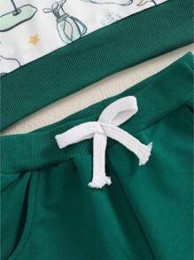 Boys Autumn 2PCS Outfit Sets Long Sleeve Lapel Golf Print Tops Solid Color Pants Sets - Green - View 8