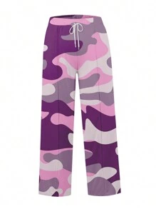 Women's Spring Summer Baggy Pants Drawstring Camouflage Loose Fit Wide Leg Trousers