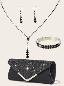 Rhinestone Jewelry Set Sparkling Necklace Earring Bracelet Set Women's Evening Dress Handbag Bride's Wedding Elegant V-Shaped Flip Envelope Handbag Women's Ball Handbag With Detachable Metal Chain Wedding And Party Handbag Wedding Handbag Women's Evening Dress Handbag Wedding Party Bride Handbag - Black - View 13