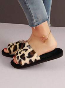 Women Cotton Plush Slippers Leopard Pattern Breathable Warmth Wear Resistance,Women Fashion Leopard Print Fuzzy Bedroom Slippers Beige,Women Leopard Pattern Fuzzy Bedroom Flip Flops,Fashion Open Toe Home Flip Flops,Women Leopard Pattern Cross Strap Fluffy Bedroom Slippers, Fabric Fashion Slippers Indoor - 米色 - 查看 5