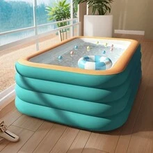 1pc Inflatable Large Adult Swimming Pool, Orange, High & Thick, Water Park, Portable Foldable Pool For Summer, Beach Essentials, Beach Accessories, Pool Float - Blue - View 3