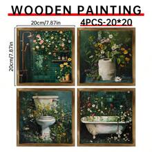 4pcs Wooden Framed Botanical Bathroom Wall Art | Floral Bathroom Wall Decor, Wild Flower Bathroom Print, Farmhouse Canvas Decor, Deep Green Print, Melancholy Plants, Floral, Vintage Painting, Bathroom Decor Gift, Birthday, Graduation - Multicolor - View 12