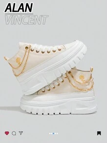 Alan Vincent[帆布鞋系列]厚底帆布鞋 2025 新款女式高帮帆布鞋配金链厚底鞋增高运动鞋女士运动鞋米色女鞋时尚休闲帆布女鞋