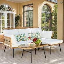 SHEIN X Heather Rae Outdoor Patio Rattan Furniture Set 3-Piece Conversation Set With Cushions & Table,White,Springbreak ,Valentine's Day Ideas