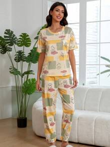 2pcs/Set Women Floral Print Drop Shoulder Short Sleeve Top And Pants Pajama Set, Crew Neck Casual Home Clothing Suitable For Spring And Summer,Two Pieces Set