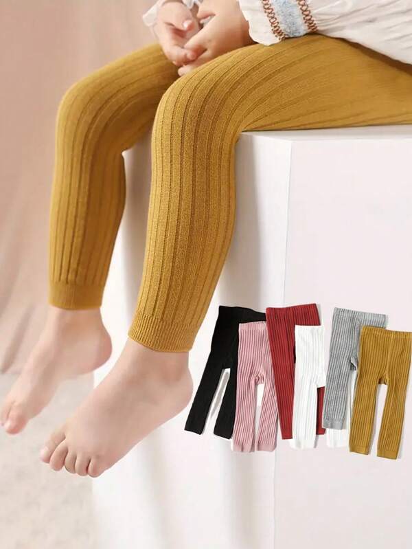 2 peças leggings de malha preta + azul marinho até o tornozelo, calças térmicas de cor sólida para meninas, design canelado elegante adequado para todas as estações