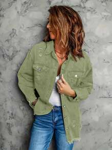Green Denim Jacket Jeans Flap Pocket Drop Shoulder Denim Jacket Women's Ripped Distressed Denim Jacket Casual Long Sleeve Boyfriend Jean Coat Basic Jackets - Green - View 3
