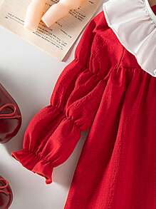 Vestido casual con cuello de volantes y mangas abullonadas para niña bebé, adecuado para uso en exteriores, fiestas y uso diario, primavera y otoño - Rojo - Ver 4