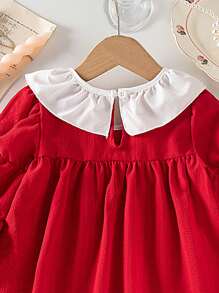 Vestido casual con cuello de volantes y mangas abullonadas para niña bebé, adecuado para uso en exteriores, fiestas y uso diario, primavera y otoño - Rojo - Ver 6