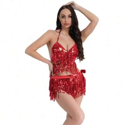 性感亮片流苏露脐上衣，露背细肩带派对夜店舞台表演服，拉丁莎莎肚皮舞服装，配链条流苏腰带裙