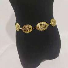 镂空椭圆腰链，波西米亚复古金属腰带女士身体饰品，锌合金金属腰带，适合春夏秋冬 - 古金 - 查看 14