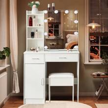 Modern Dressing Table W/ LED Lights Mirror Vanity Make Up Stool Set For Bedroom - White - View 1