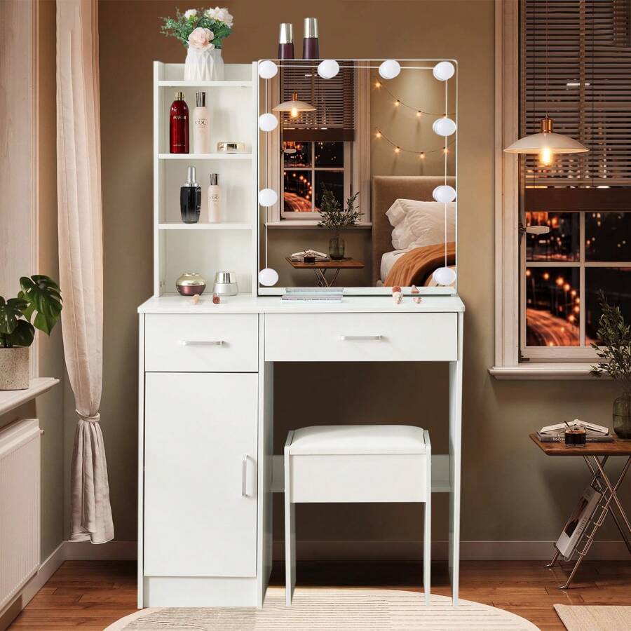 Modern Dressing Table W/ LED Lights Mirror Vanity Make Up Stool Set For Bedroom - White - View 1
