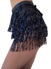 Faldón de danza del vientre para mujer con pañuelo de cadera, falda envolvente con cadena de cintura y lentejuelas, faldas con flecos brillantes para danza del vientre, disfraz de vaquera espacial para Mardi Gras