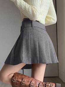 新款秋冬女式高腰褶皱灯芯绒迷你裙，配腰带 - 灰色 - 查看 3