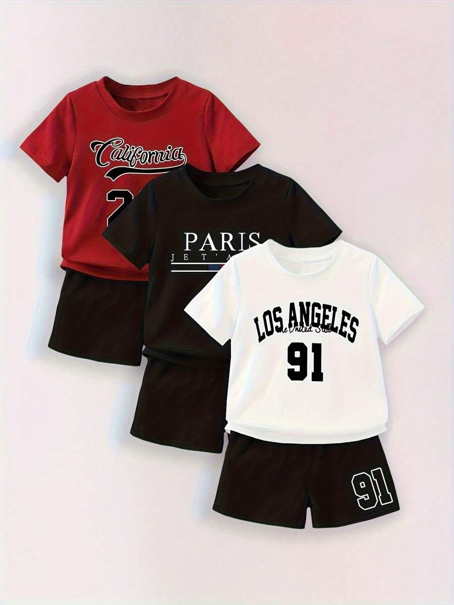 6pcs Young Boy Casual Outdoor Sports Red White Black 3 Color Los Angeles California Printed Round Neck Breathable Quick-Dry Short Sleeve T-Shirt And Shorts Set, Suitable For Spring & Summer Outdoor Activities - Multicolor - View 1