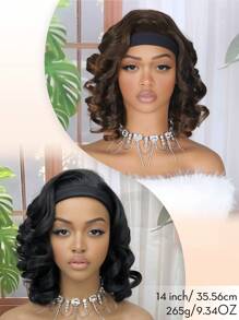 适合的短款波浪头带假发。优雅渐变巧克力棕色波浪卷发头带假发，合成假发，配有柔软的黑色头带，高温纤维，适合日常和派对佩戴 - 彩色 - 查看 4