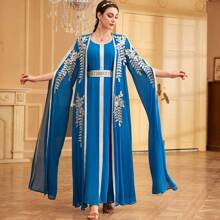 Muslim Robe Women's Long Skirt Abaya Fashionable Two-Piece Evening Dress - Blue - View 1