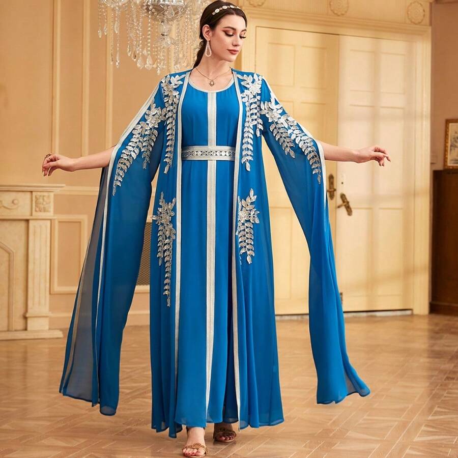 Muslim Robe Women's Long Skirt Abaya Fashionable Two-Piece Evening Dress - Blue - View 1