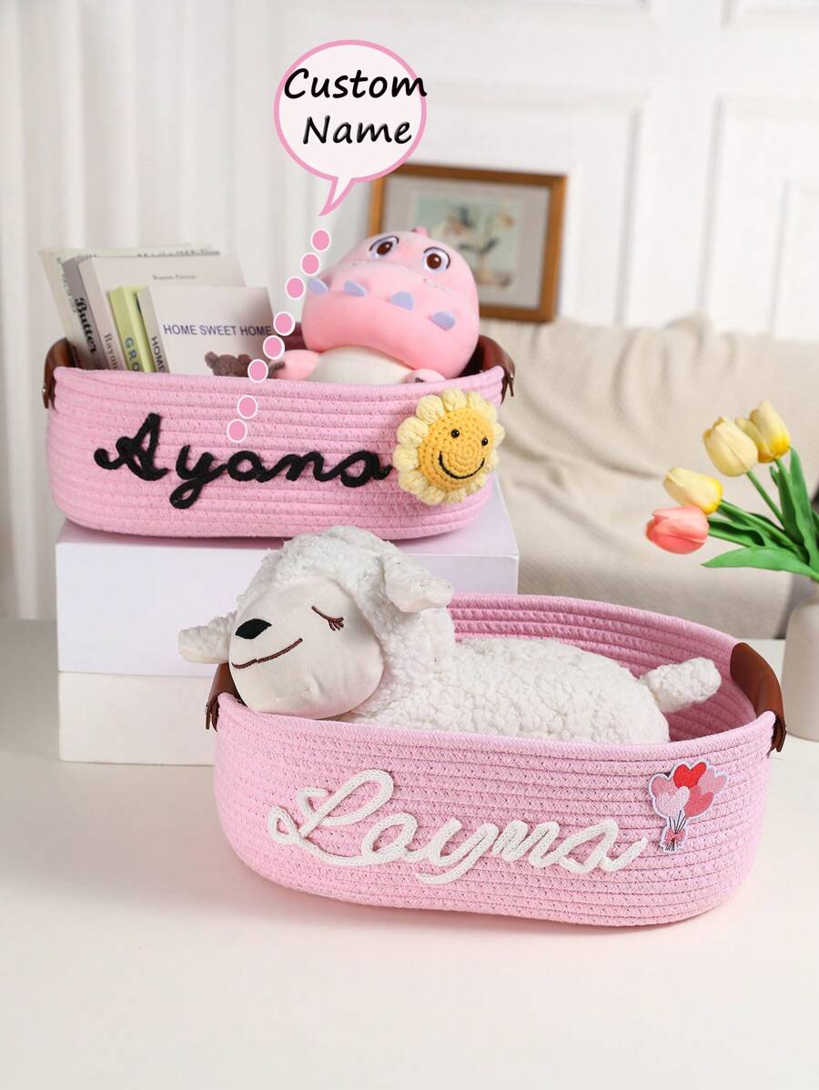 Customized 1pc Handmade Woven Storage Basket, Suitable For Bathroom, Bedroom, Living Room, Kids' Toys, Pets Items, Valentines, Wedding, Household Gifts, Halloween, Back To School, Student Storage Box,Delicate Romance