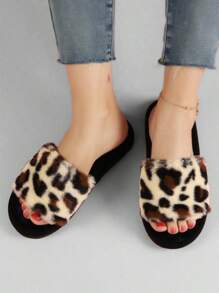 Women Cotton Plush Slippers Leopard Pattern Breathable Warmth Wear Resistance,Women Fashion Leopard Print Fuzzy Bedroom Slippers Beige,Women Leopard Pattern Fuzzy Bedroom Flip Flops,Fashion Open Toe Home Flip Flops,Women Leopard Pattern Cross Strap Fluffy Bedroom Slippers, Fabric Fashion Slippers Indoor - 米色 - 查看 4