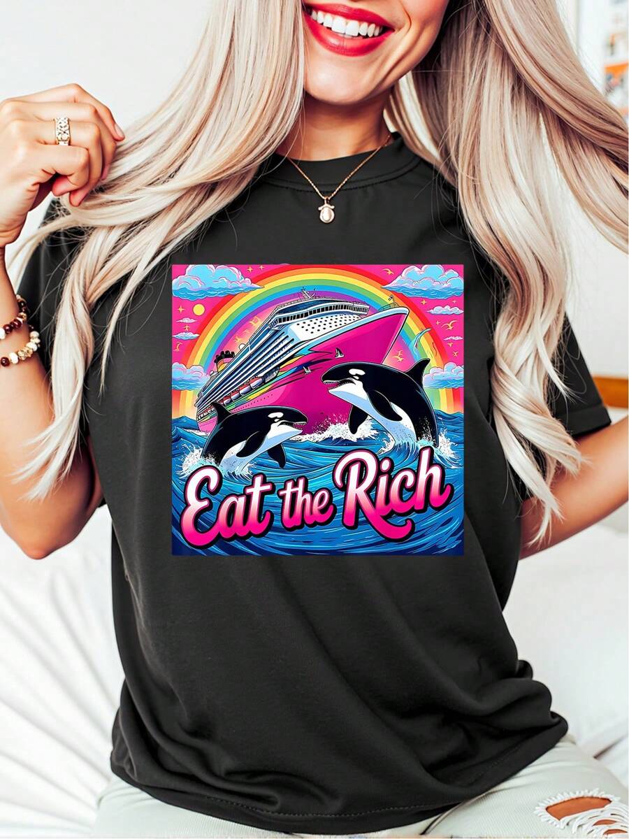 Oversized Style For Women, Eat The Rich Tshirt, Whale Tshirt, 90s Orca Funny Whale Yacht, Eat The Rich Whale V3, 90s Animal Retro Tee, Loose Type Shirt For Women, Perfect For Holiday Parties Or Gift Giving, Soft And Comfortable - 黑色 - 查看 1
