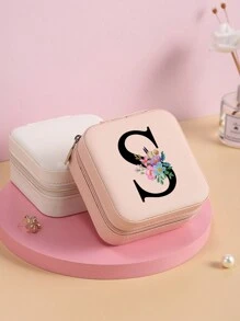 1pc Pink Jewelry Box, Fashion Travel Jewelry Box With Floral Letters, Personalized Gift Travel Jewelry Box Birthday Gift For Women Christmas Gift For Teen Girls Initials Travel Jewelry Box A-Z
