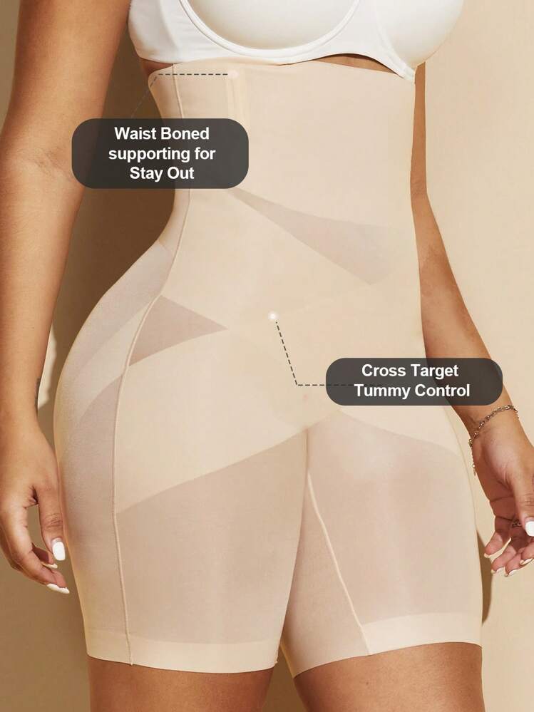 1 pieza Pantalones cortos moldeadores sin costuras de cintura alta con diseño cruzado para mujer, control de abdomen, levantamiento de glúteos, vientre plano, ropa interior moldeadora - Albaricoque - Añade 6