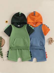 Toddler Boy Summer Clothes Dinosaur Short Sleeve Hood T-Shirt Elastic Waist Pocket Shorts Outfit - Green - View 3