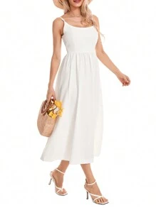 Women's Summer Midi Dress Solid Color Sleeveless Backless Party Dress Spaghetti Strap Beach Dress - trắng - Xem 8