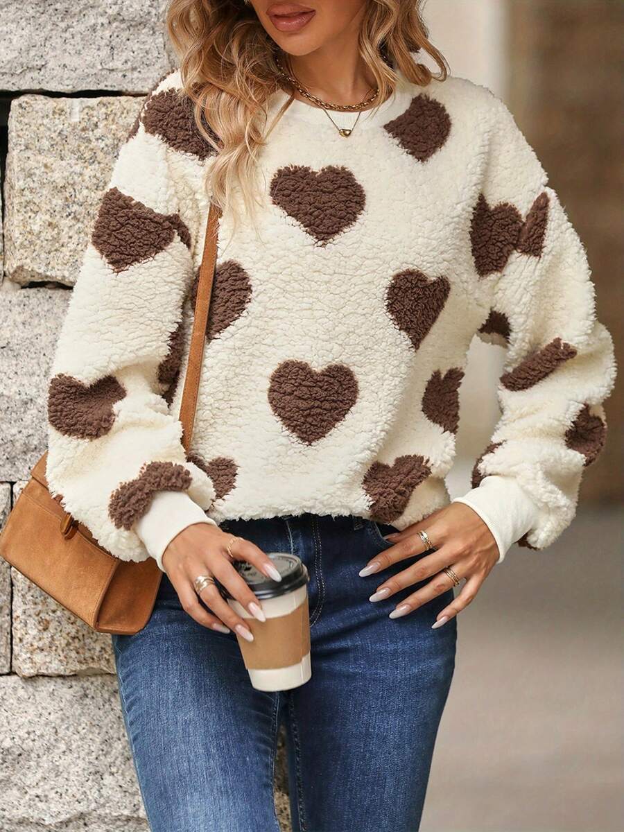 Women Heart Plush Sweatshirt, Long Sleeve Crew Neck Furry Hoodie Pullover Fall Oversized Tops Casual Valentine's Day Outfit - Khaki - View 1