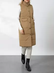 Women Quilted Vest Solid Color Warm Jacket Button Cardigan For Winter Outwear Streetwear - 卡其色 - 查看 1