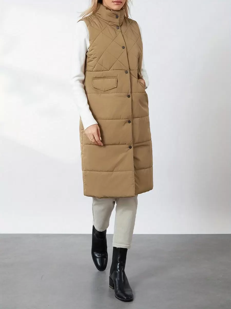 Women Quilted Vest Solid Color Warm Jacket Button Cardigan For Winter Outwear Streetwear - 卡其色 - 查看 1