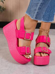 Plus Size Wedge Open Toe Shiny Fuchsia Fashion Versatile High Heel Ladies Anti-Slip Thick Platform Summer Sandals - Hot Pink - View 4