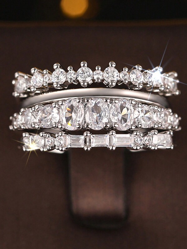 4 Pcs S925&925 Sterling Silver Light Luxury Shiny Geometric Quad Rings Luxury Elegant Ladies Dating Party Rings Anniversary Occasion Exquisite Ladies Jewelry Gifts