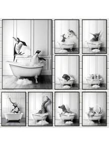 1 件北欧浴室动物海报大象长颈鹿厕所浴缸黑白帆布画复古墙壁艺术画家居装饰无框 - 彩色 - 查看 1