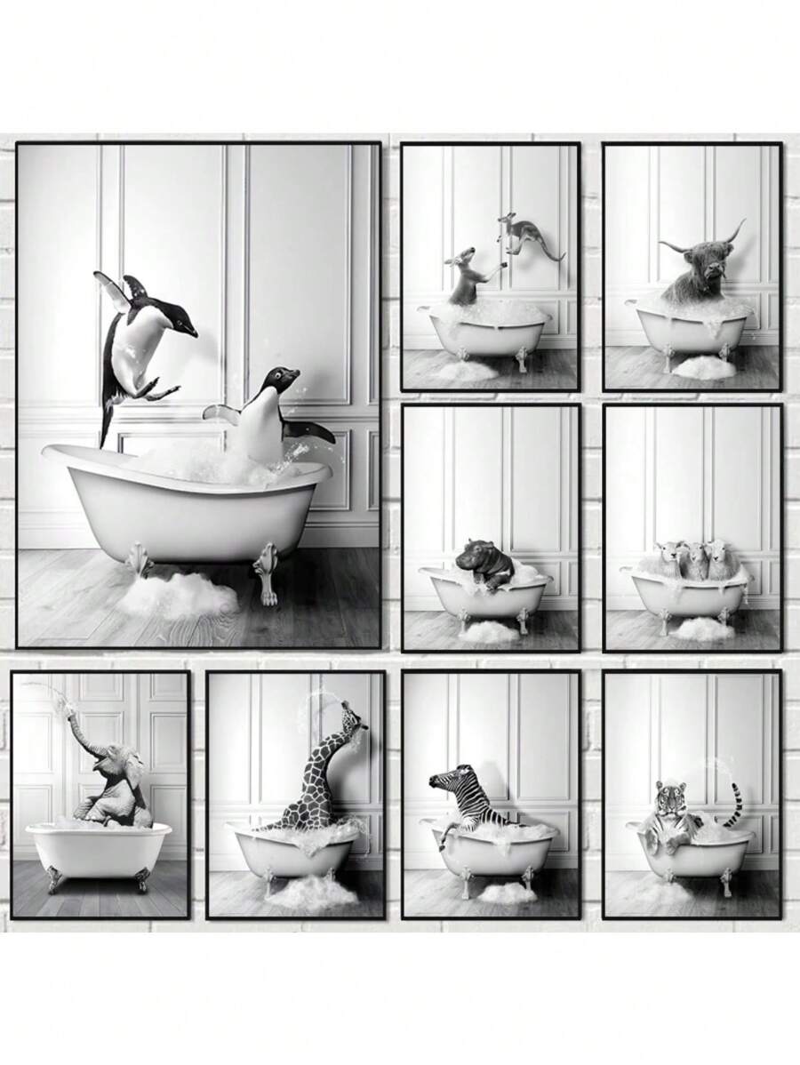1 件北欧浴室动物海报大象长颈鹿厕所浴缸黑白帆布画复古墙壁艺术画家居装饰无框 - 彩色 - 查看 1