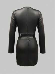 女士轻薄PU连衣裙，时尚休闲纯色仿皮长袖修身迷你连衣裙 - 黑色 - 查看 5