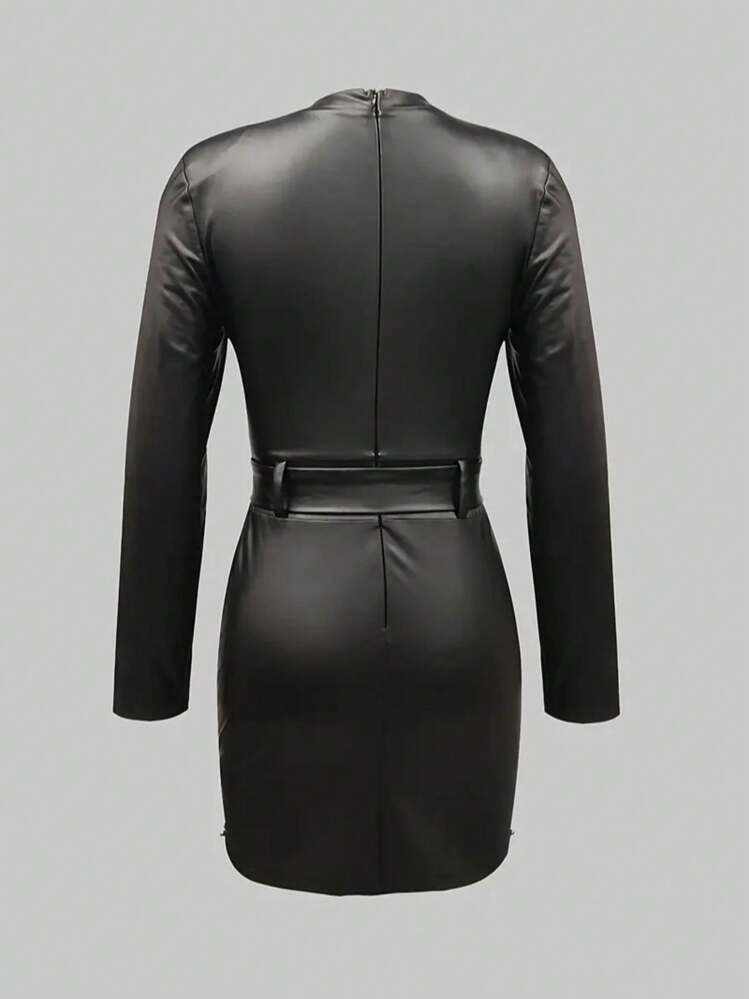 Women's Lightweight PU Dress, Fashionable Casual Solid Color Faux Leather  Long Sleeve Bodycon Mini Dress Black Elegant | SHEIN