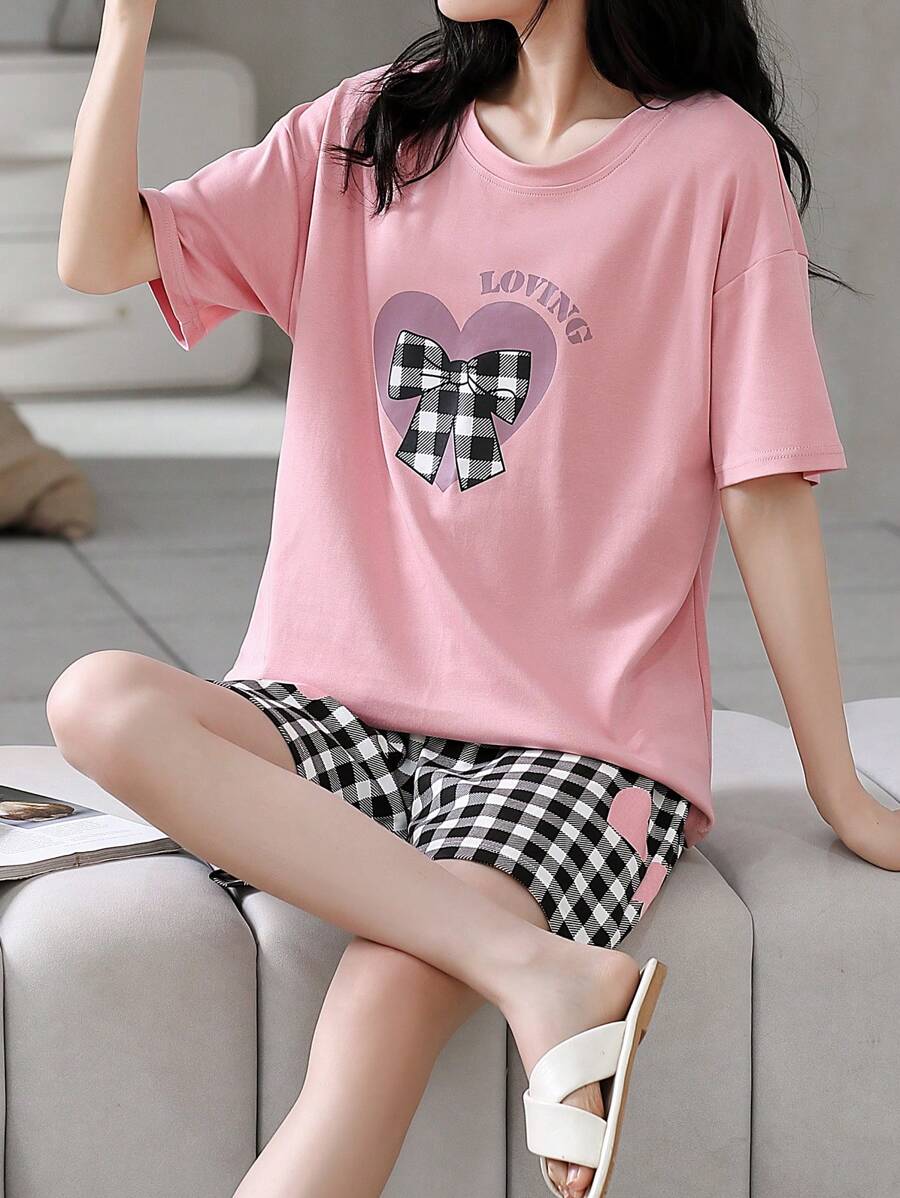 AICJ 女士 2 件套休闲宽松心形、格子、蝴蝶结、字母印花睡衣套装，短袖圆领上衣和短裤，舒适合身，春夏季，情人节的理想选择，两件套 - 粉色 - 查看 1