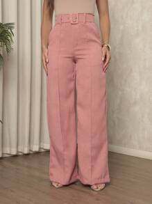 Women's Linen Material Trousers With Belt - Party Punch - View 3