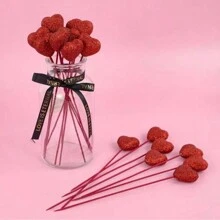 10pcs Glitter Foam Heart Sticks, Suitable For Mother's Day, Vase Decor, Birthday Party, Cake Decor, Wedding Bouquet