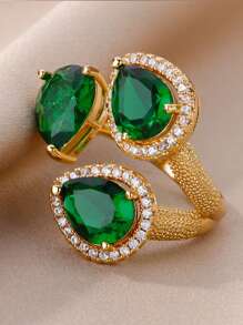 1pc Vintage Gemstone Three Water Droplets Ring, 18K Gold-Plated Cubic Zirconia Open Rings For Women, Wedding Party Vacation Jewelry Luxury Accessories Gifts For Valentine's Day, Mother's Day