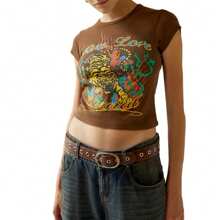 Women's Summer Slim Crop Tops Letter Tiger Pirnt Short Sleeve Round Neck Show Navel Baby Tee Streetwear - 棕色 - 查看 1